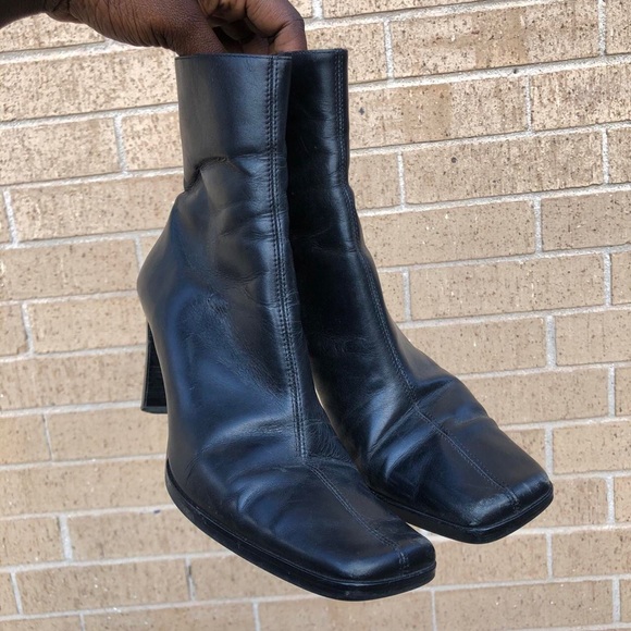 Vintage 90s Y2K Goth Grunge Black Leather Square Toe Mid Calf Kitten Heel Boots - Picture 1 of 8